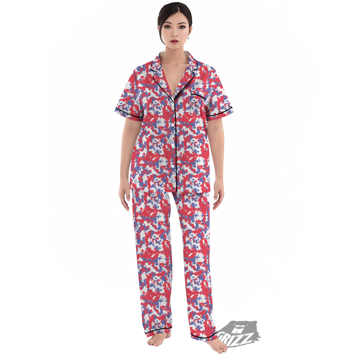 White Digital Camo And Blue Red Print Women's Pajamas Set-grizzshop