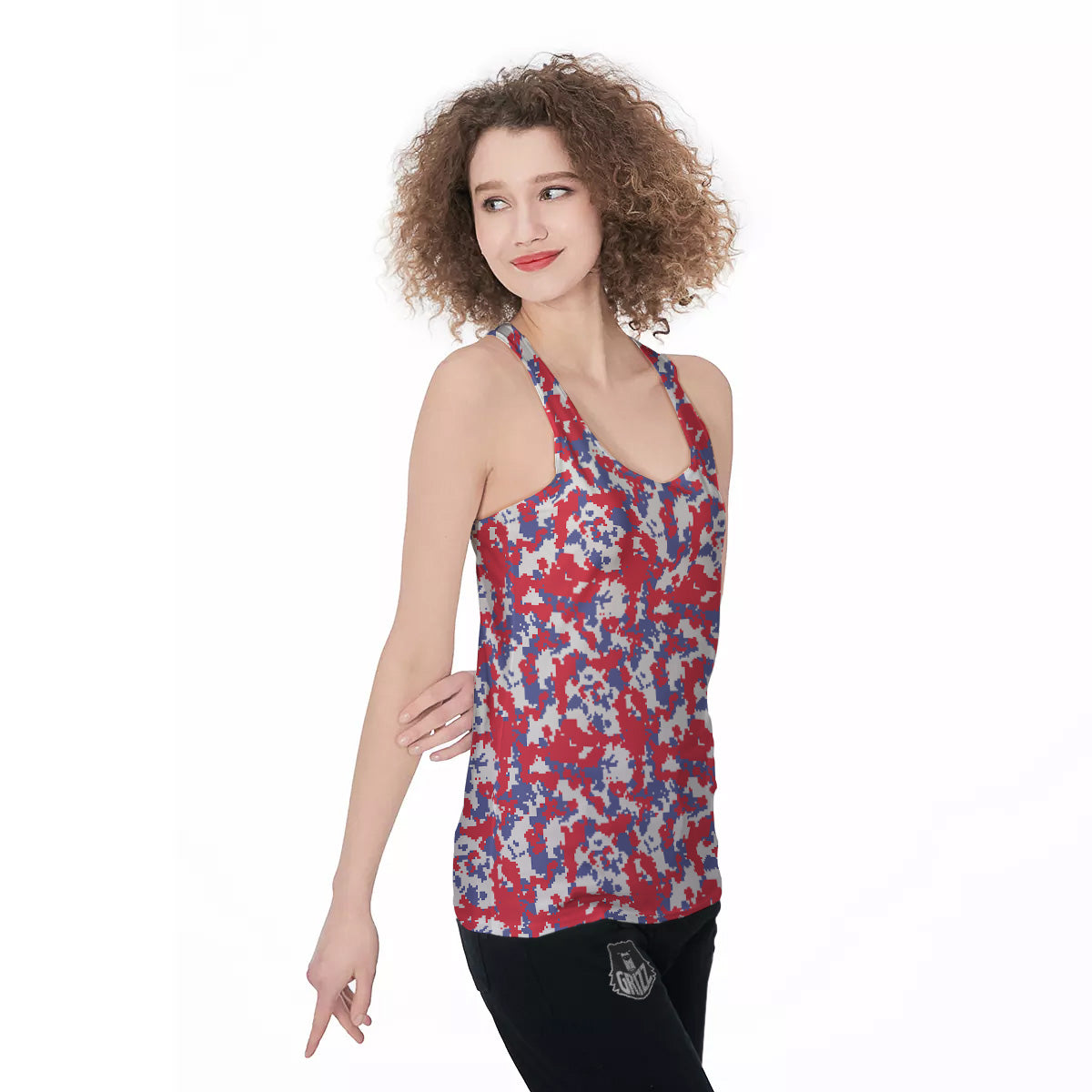 White Digital Camo And Blue Red Print Women's Racerback Tank Top-grizzshop
