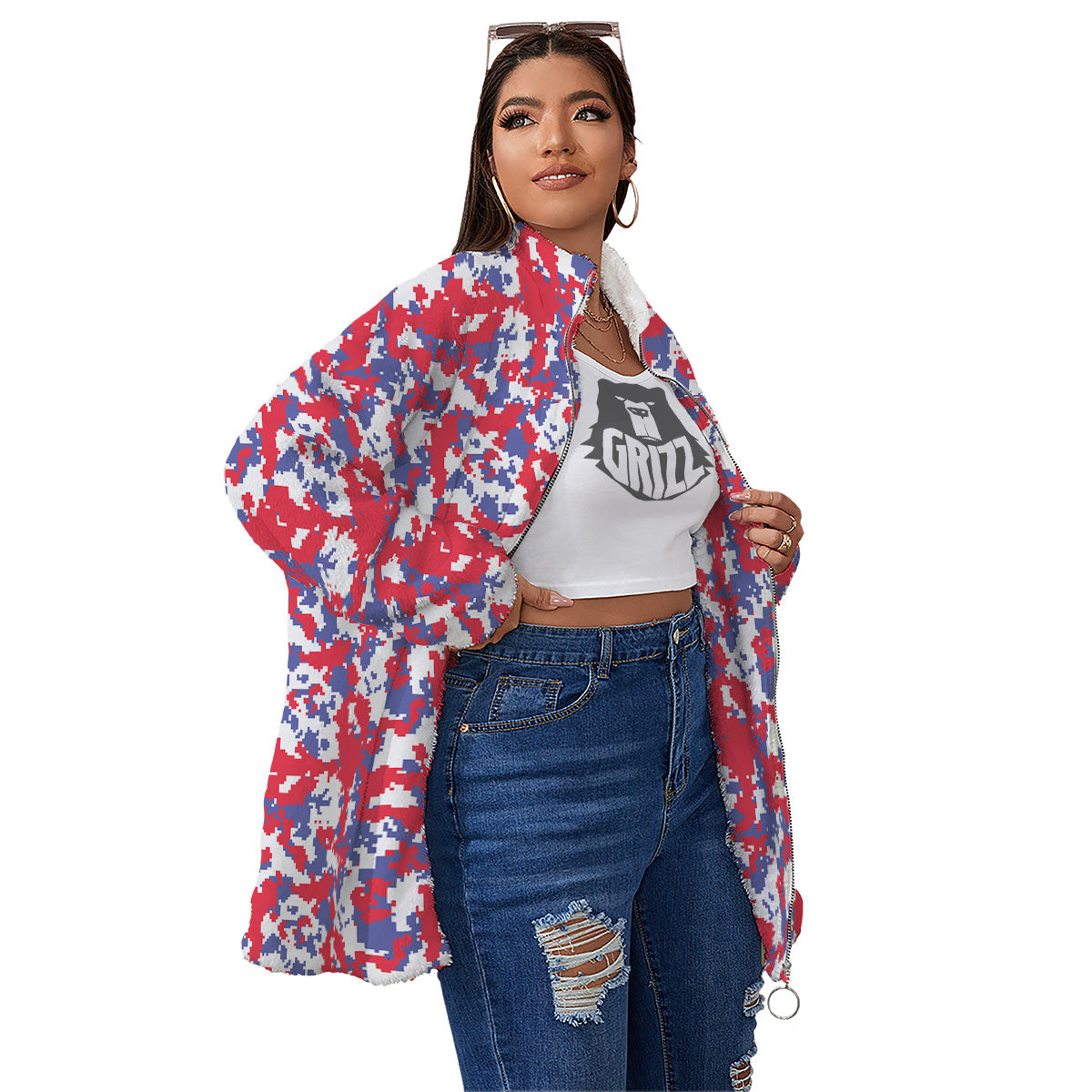 White Digital Camo And Blue Red Print Women's Sherpa Jacket-grizzshop