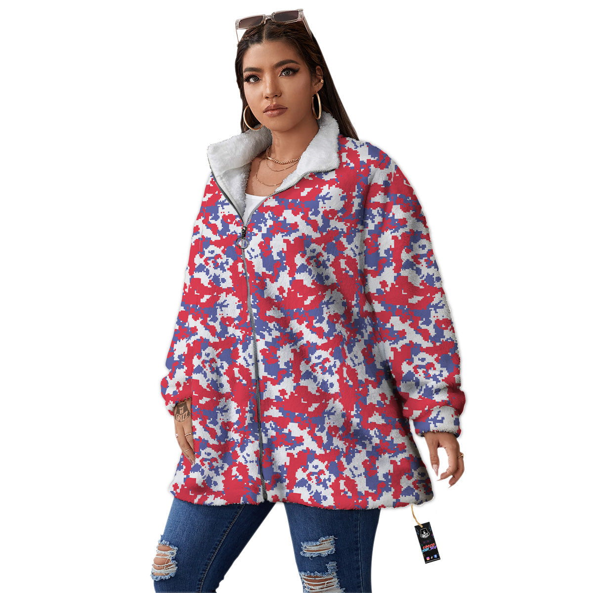 White Digital Camo And Blue Red Print Women's Sherpa Jacket-grizzshop