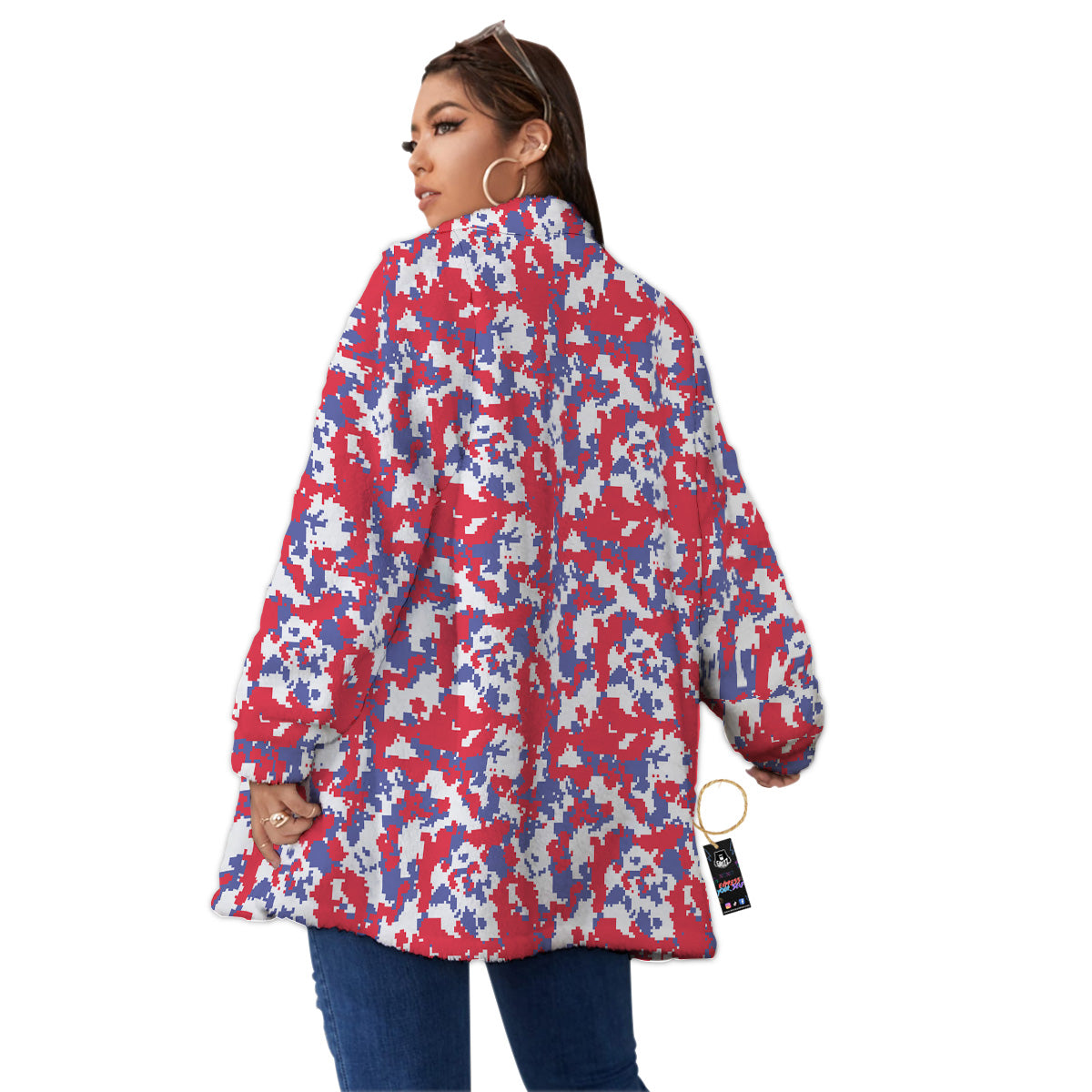 White Digital Camo And Blue Red Print Women's Sherpa Jacket-grizzshop