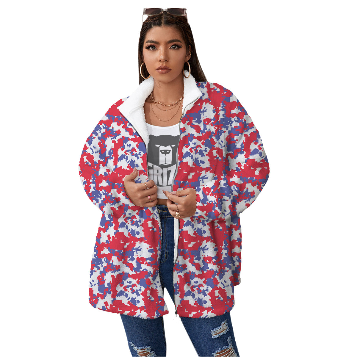White Digital Camo And Blue Red Print Women's Sherpa Jacket-grizzshop