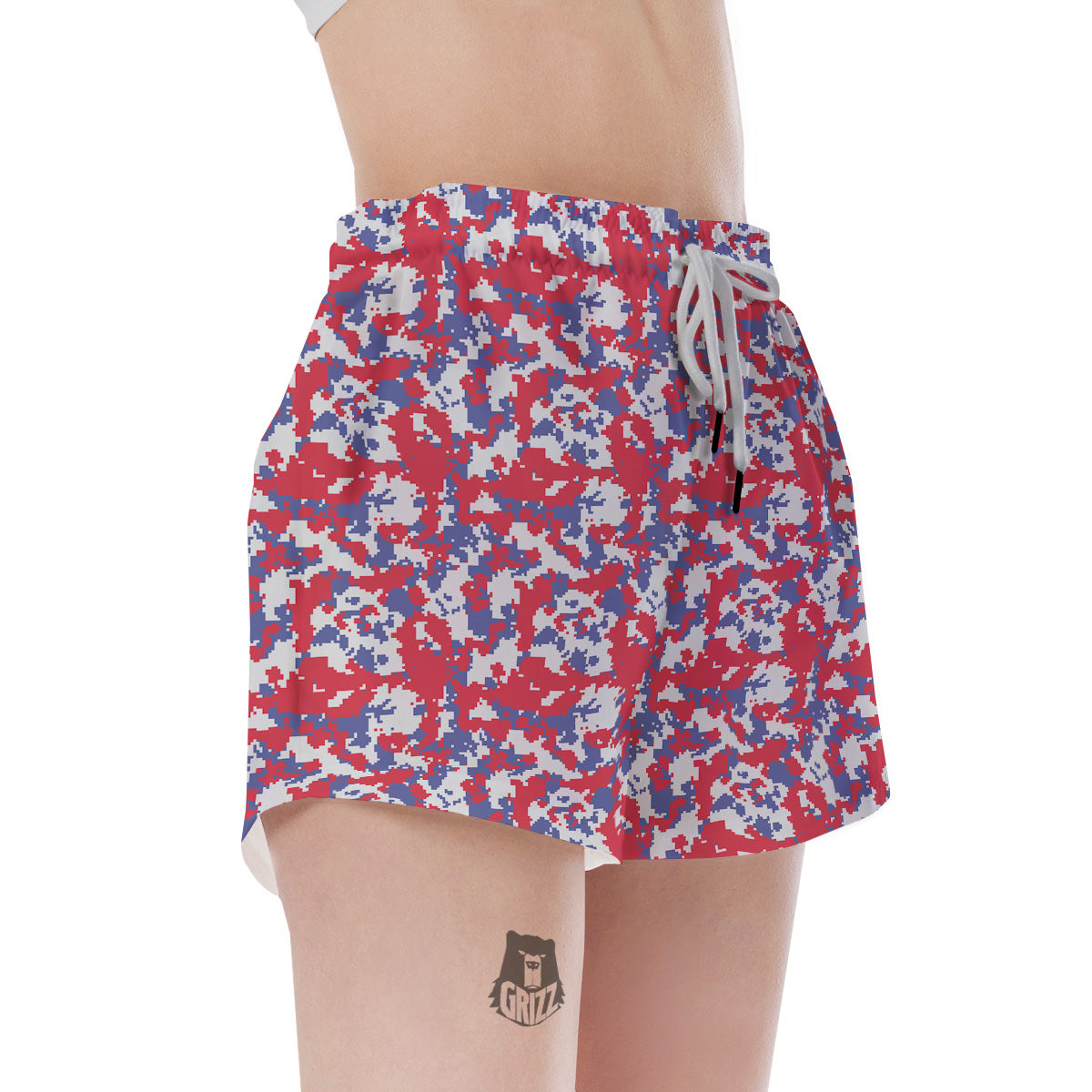 White Digital Camo And Blue Red Print Women's Shorts-grizzshop