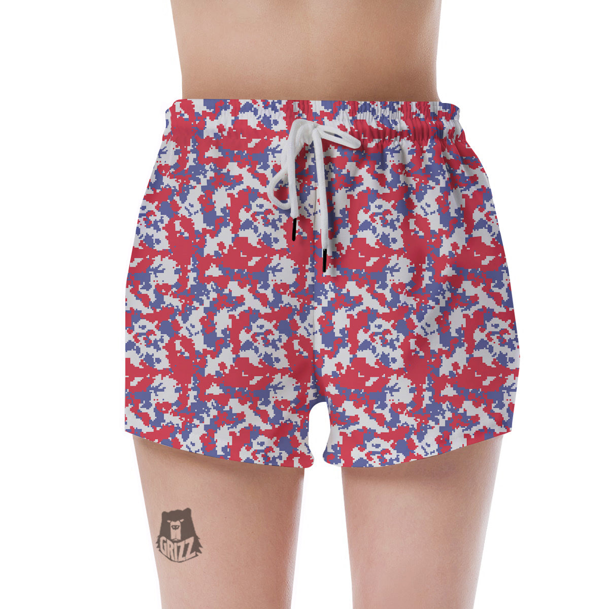 White Digital Camo And Blue Red Print Women's Shorts-grizzshop