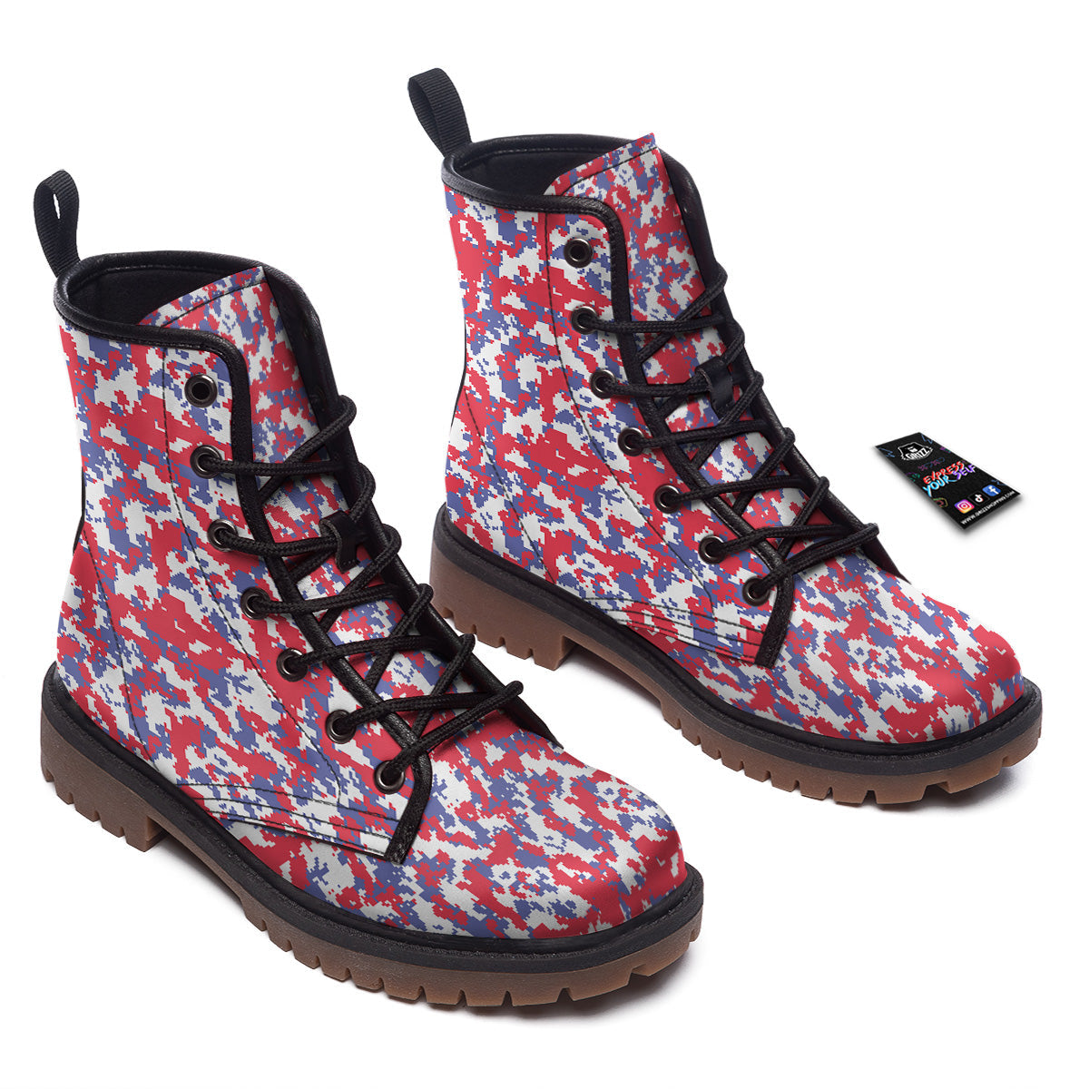 White Digital Camo And Blue Red Print Work Boots-grizzshop