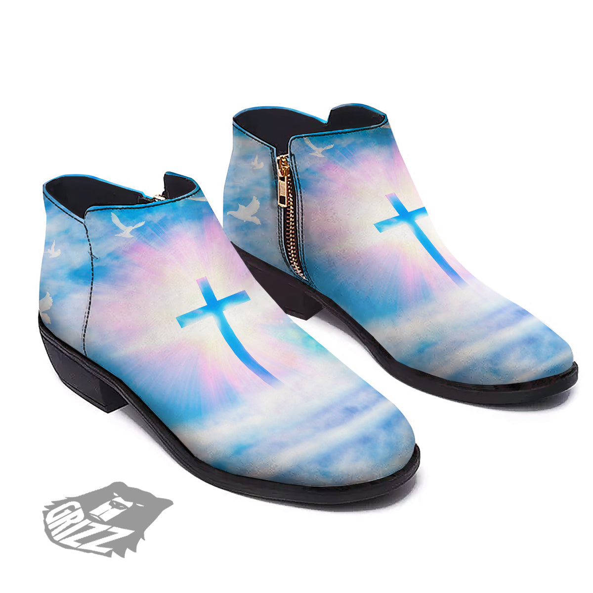 White Doves And Christian Cross Print Ankle Boots-grizzshop