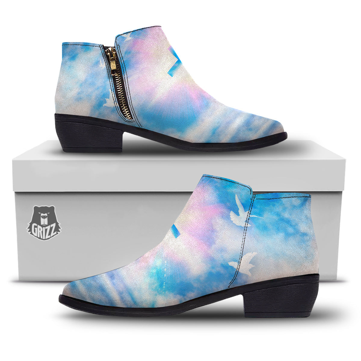 White Doves And Christian Cross Print Ankle Boots-grizzshop