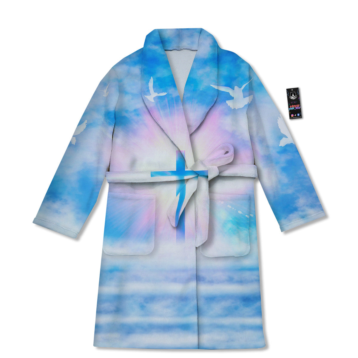 White Doves And Christian Cross Print Bathrobe-grizzshop