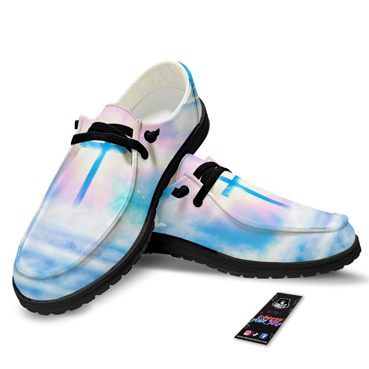 White Doves And Christian Cross Print Black Loafers-grizzshop