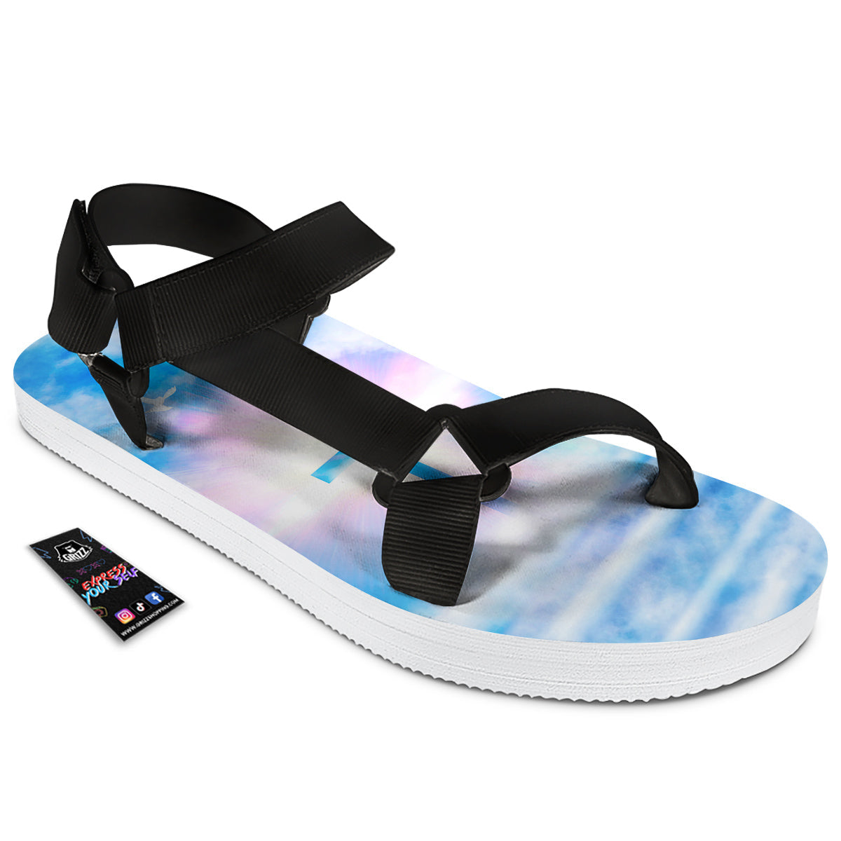 White Doves And Christian Cross Print Black Open Toe Sandals-grizzshop