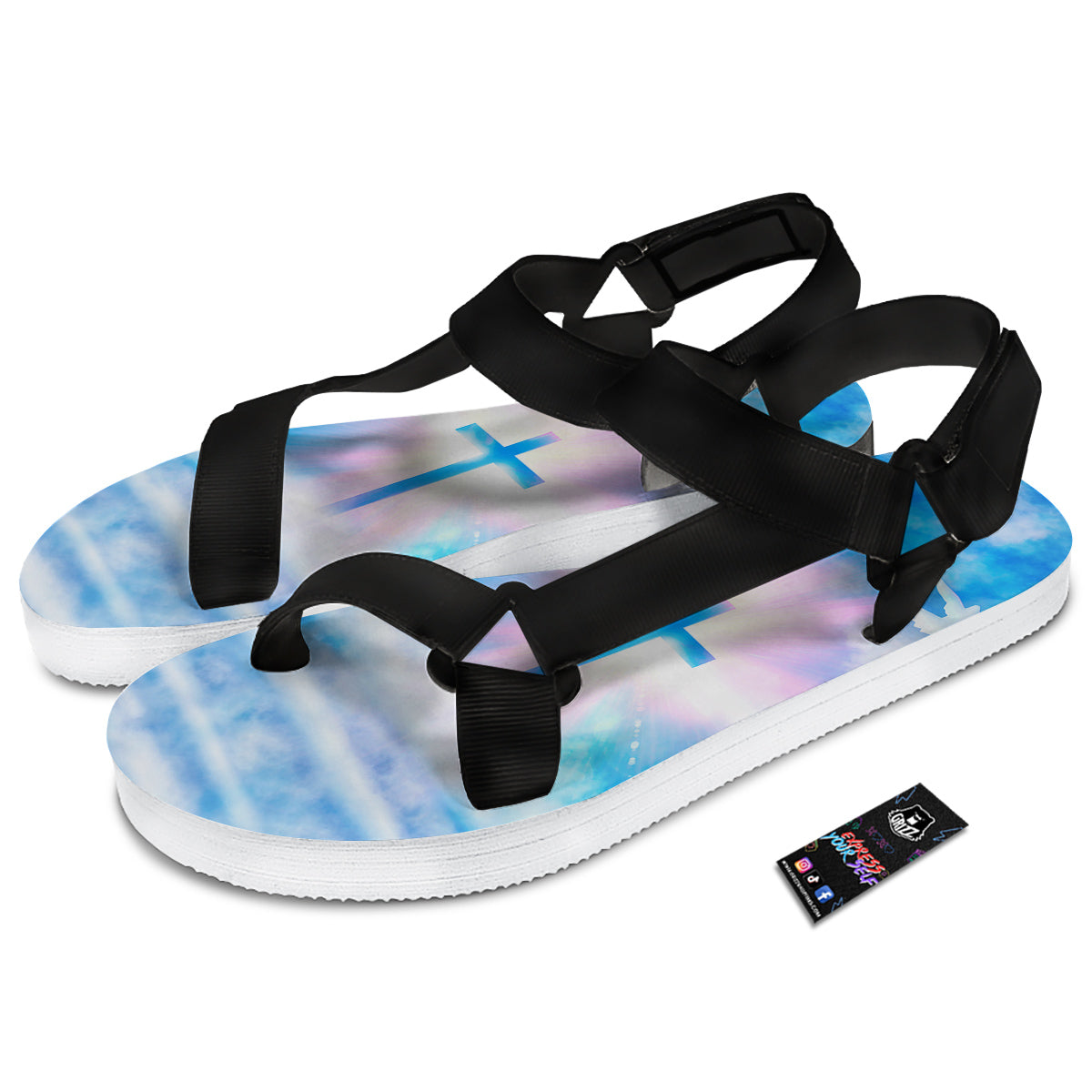 White Doves And Christian Cross Print Black Open Toe Sandals-grizzshop