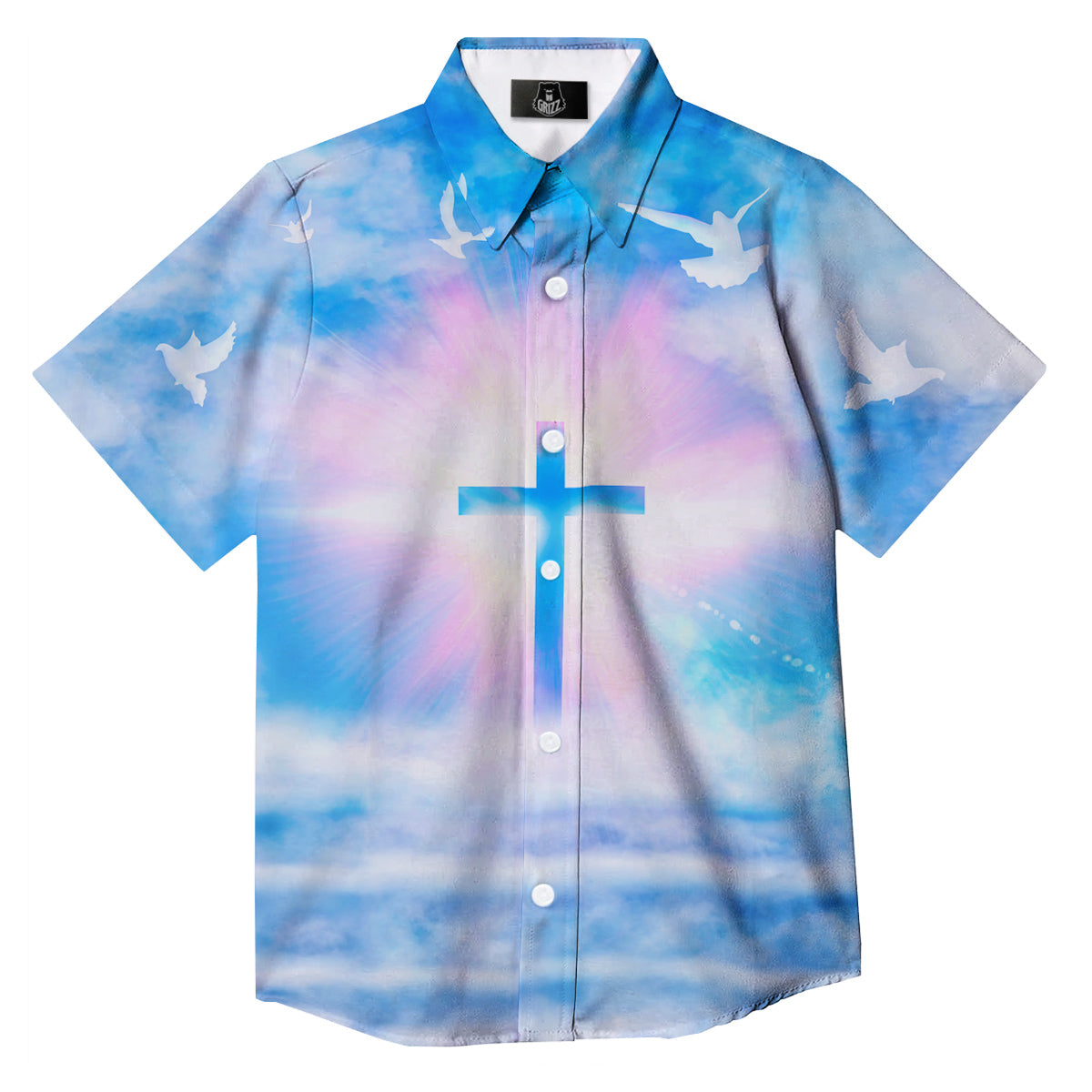 White Doves And Christian Cross Print Button Up Shirt-grizzshop