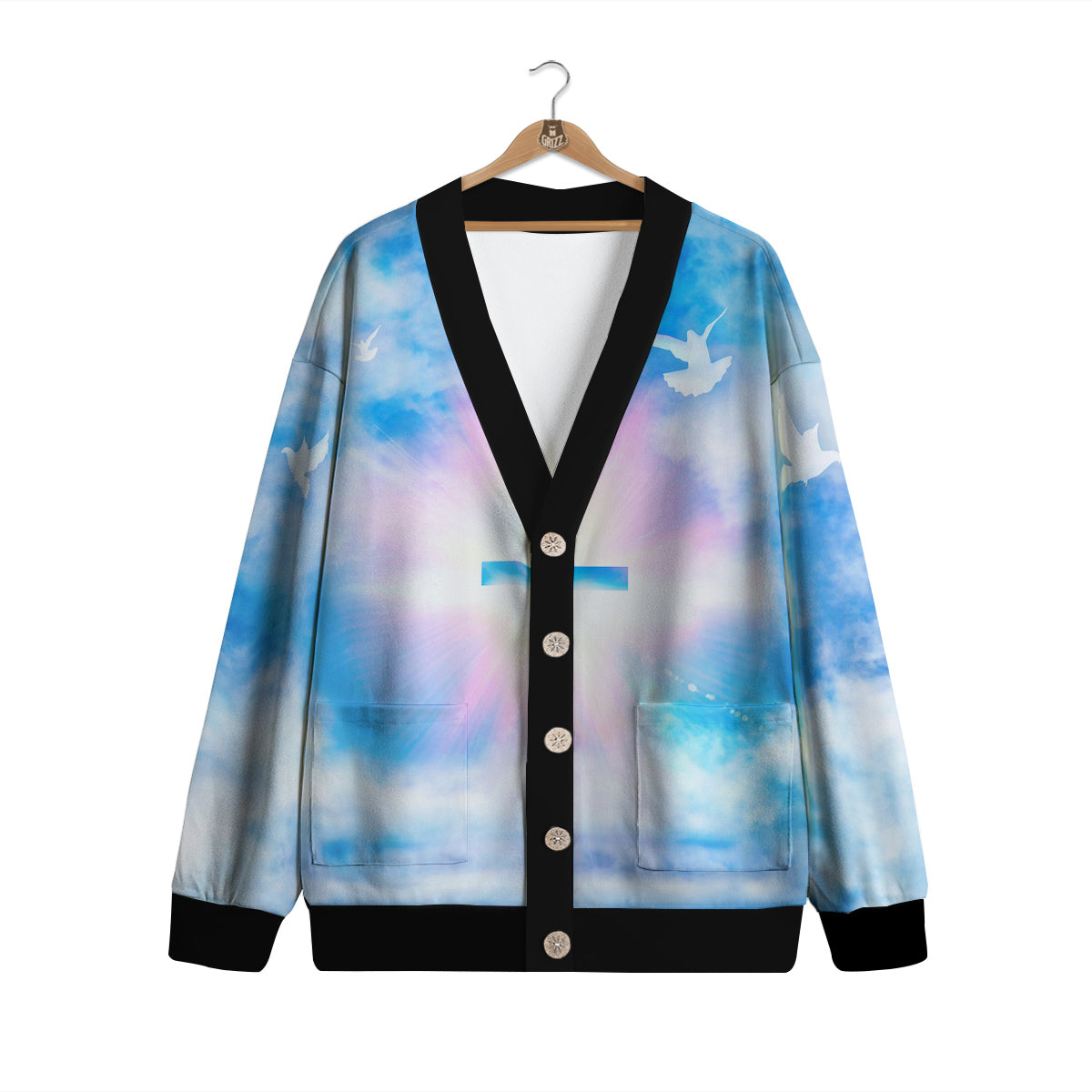 White Doves And Christian Cross Print Cardigan-grizzshop