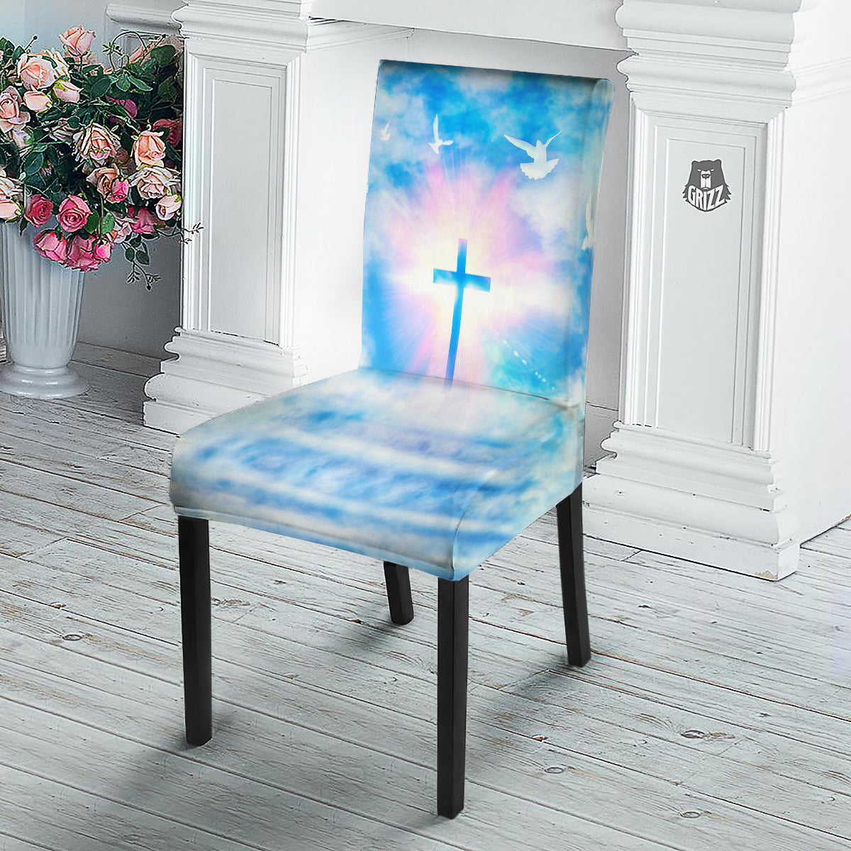 White Doves And Christian Cross Print Dining Chair Slipcover-grizzshop