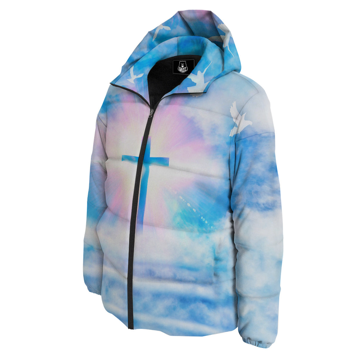 White Doves And Christian Cross Print Down Jacket-grizzshop