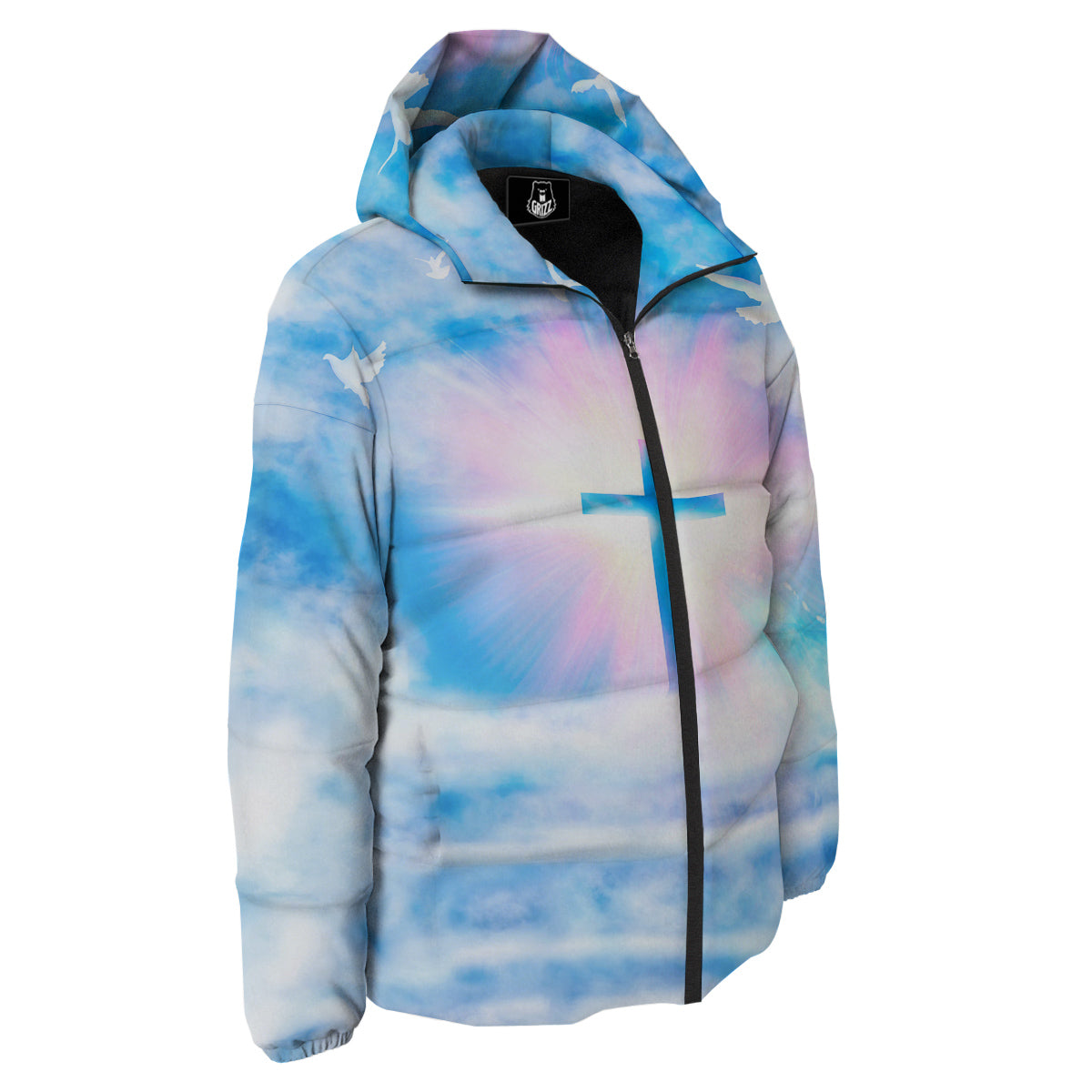 White Doves And Christian Cross Print Down Jacket-grizzshop
