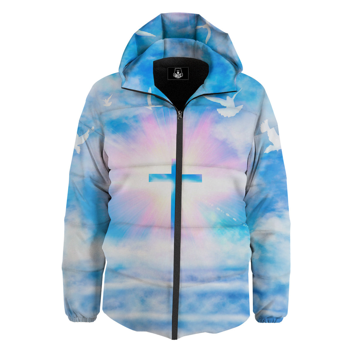 White Doves And Christian Cross Print Down Jacket-grizzshop