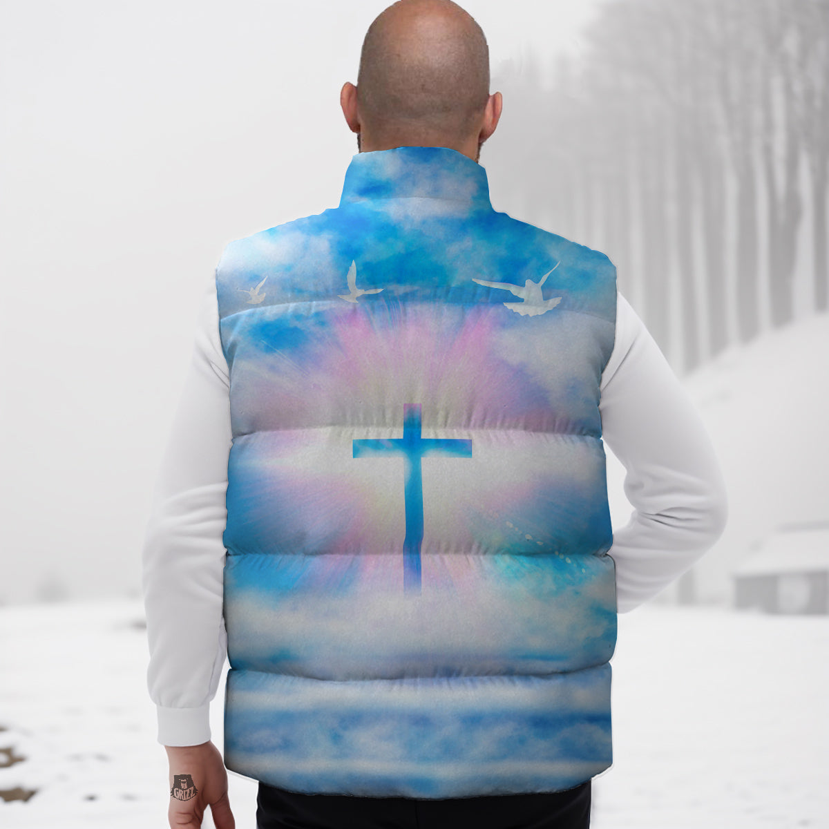 White Doves And Christian Cross Print Down Vest