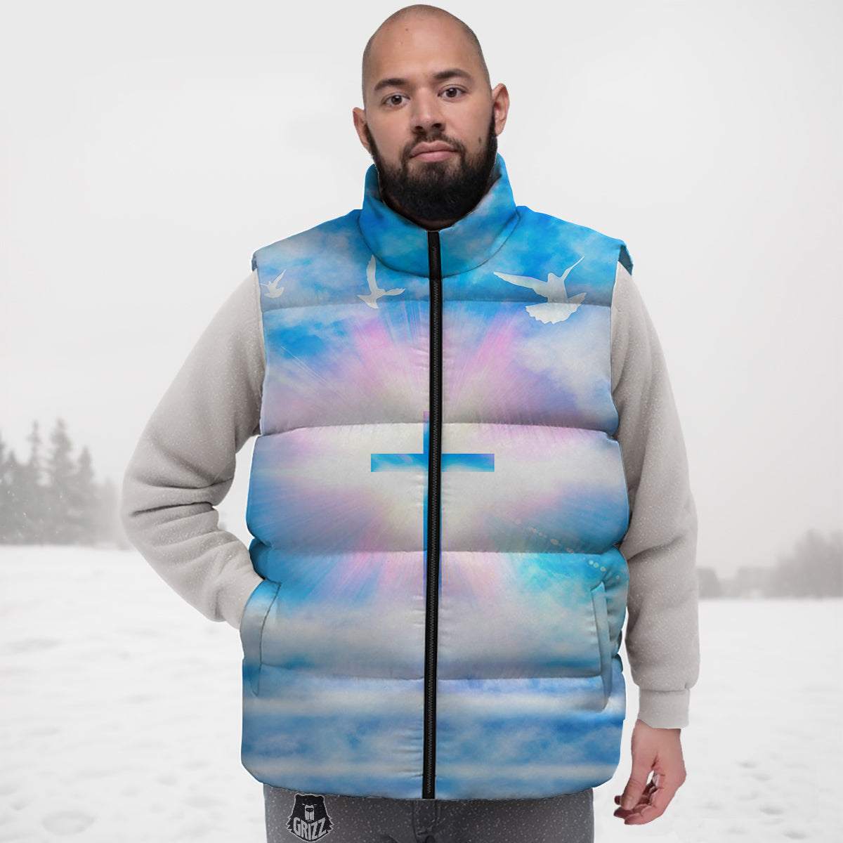 White Doves And Christian Cross Print Down Vest