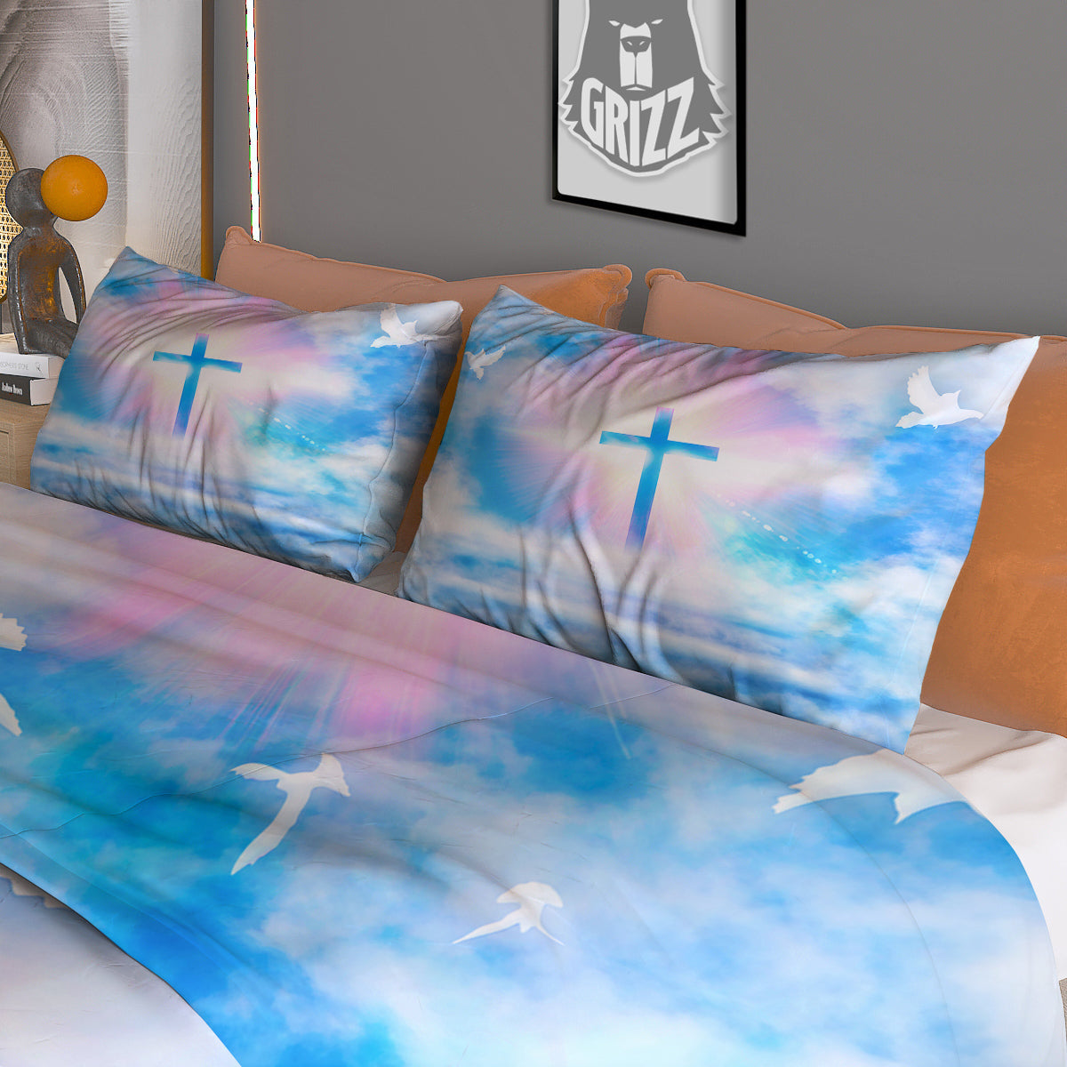 White Doves And Christian Cross Print Duvet Cover Bedding Set