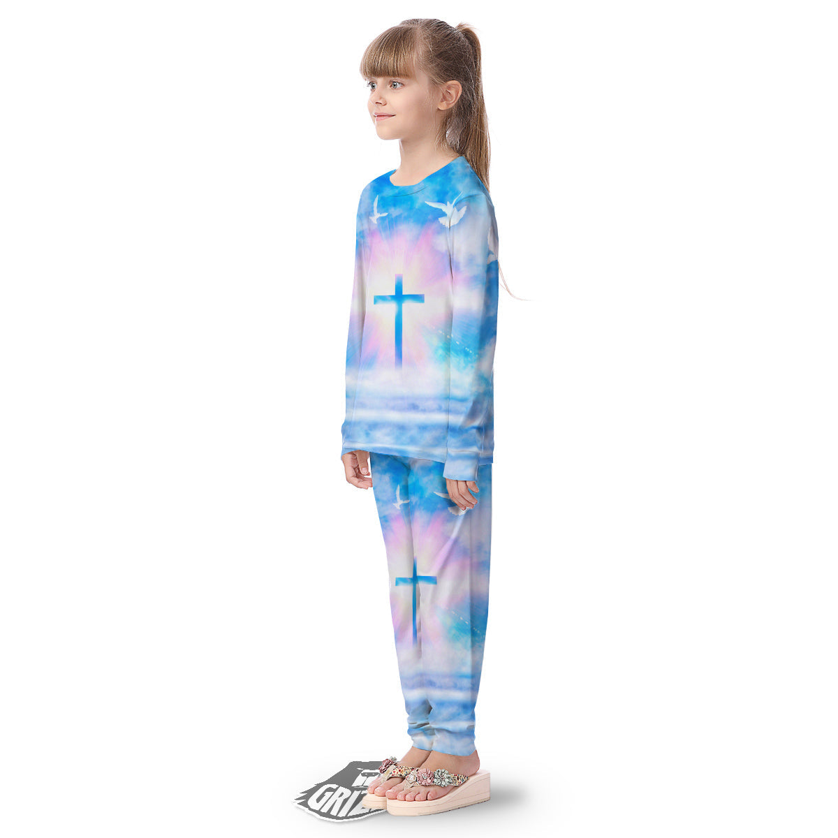 White Doves And Christian Cross Print Kid's Pajamas-grizzshop