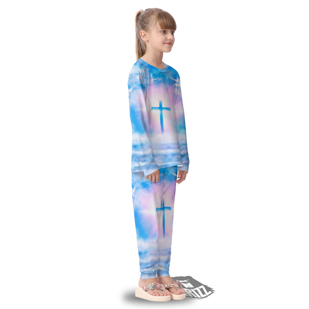 White Doves And Christian Cross Print Kid's Pajamas-grizzshop