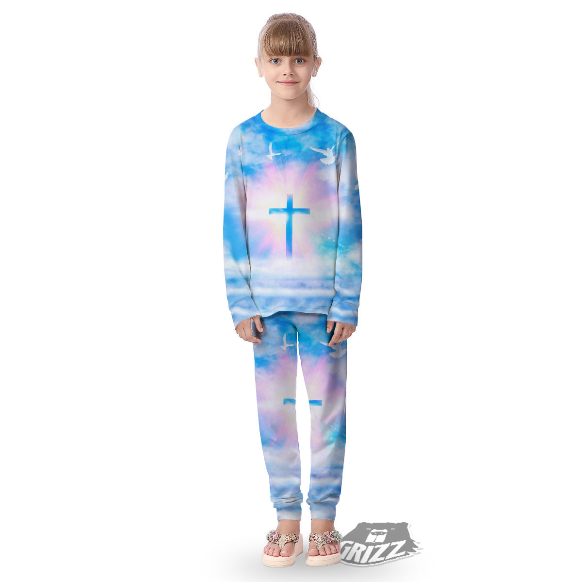 White Doves And Christian Cross Print Kid's Pajamas-grizzshop