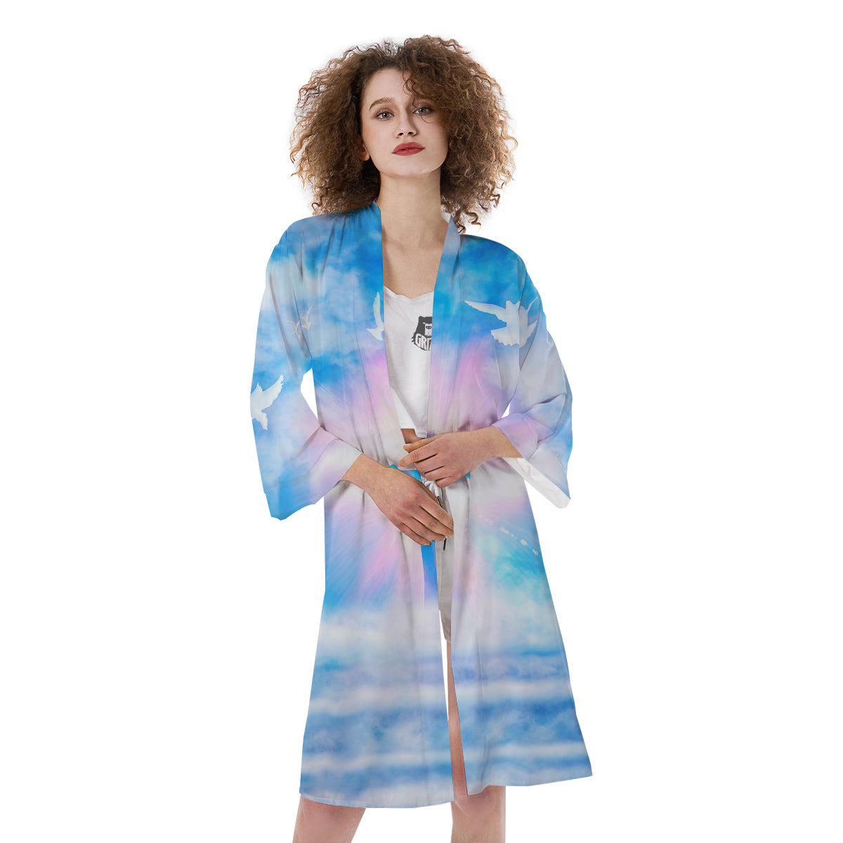 White Doves And Christian Cross Print Kimono-grizzshop