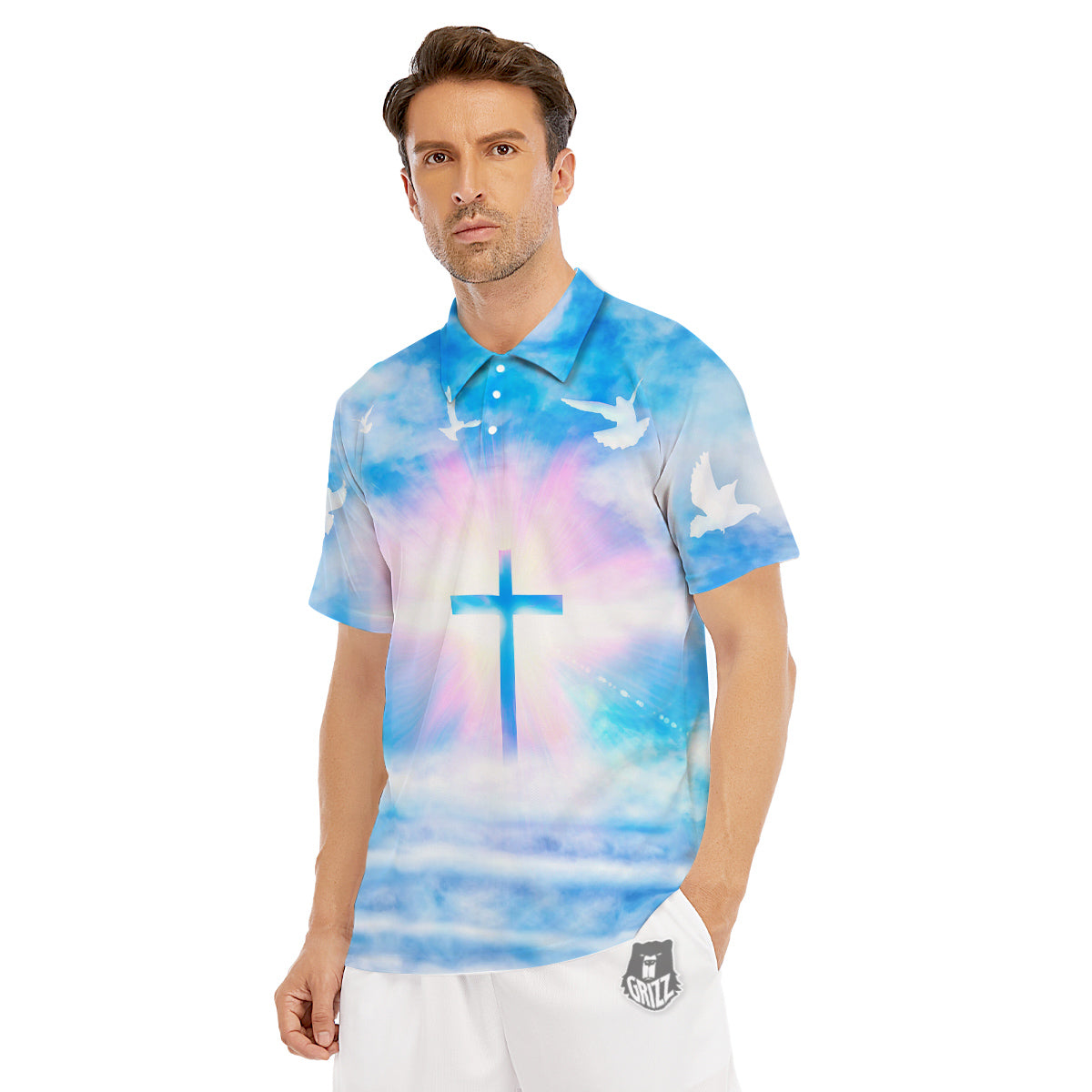 White Doves And Christian Cross Print Men's Golf Shirts-grizzshop