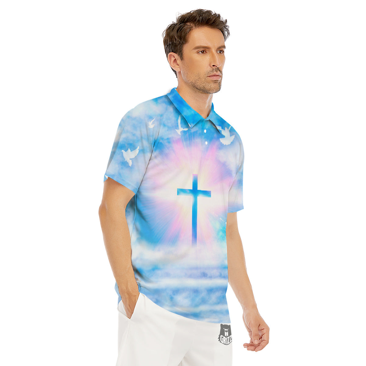 White Doves And Christian Cross Print Men's Golf Shirts-grizzshop