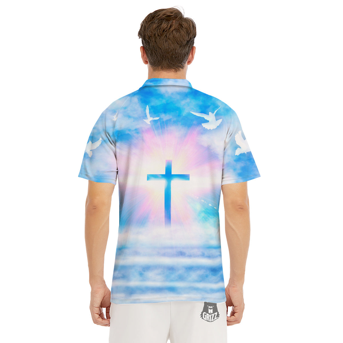 White Doves And Christian Cross Print Men's Golf Shirts-grizzshop