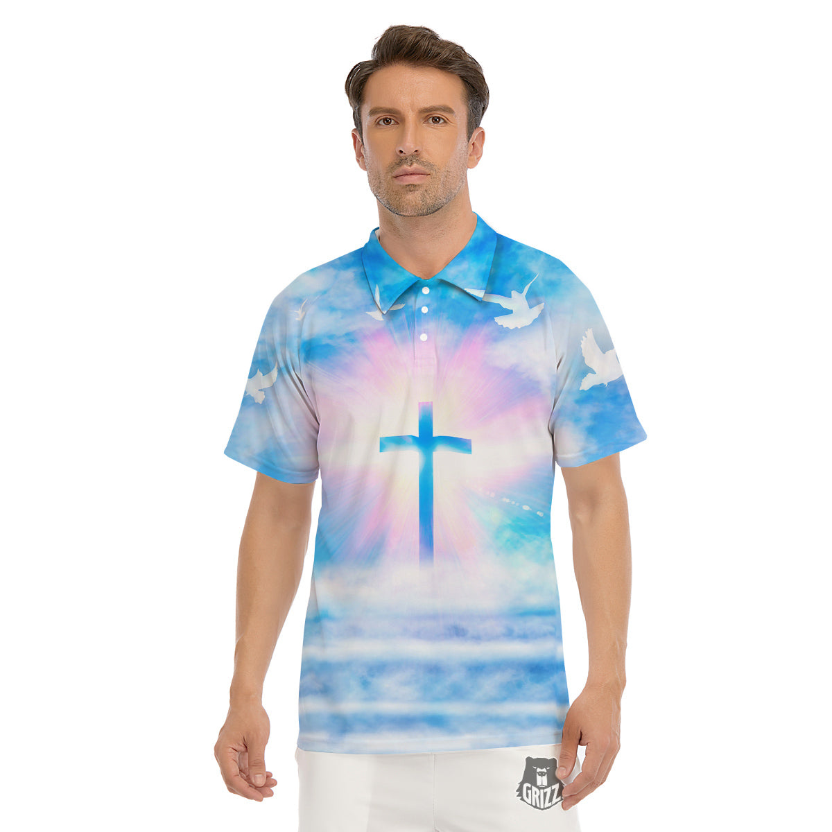 White Doves And Christian Cross Print Men's Golf Shirts-grizzshop