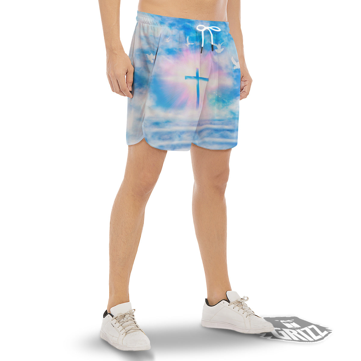 White Doves And Christian Cross Print Men's Gym Shorts-grizzshop