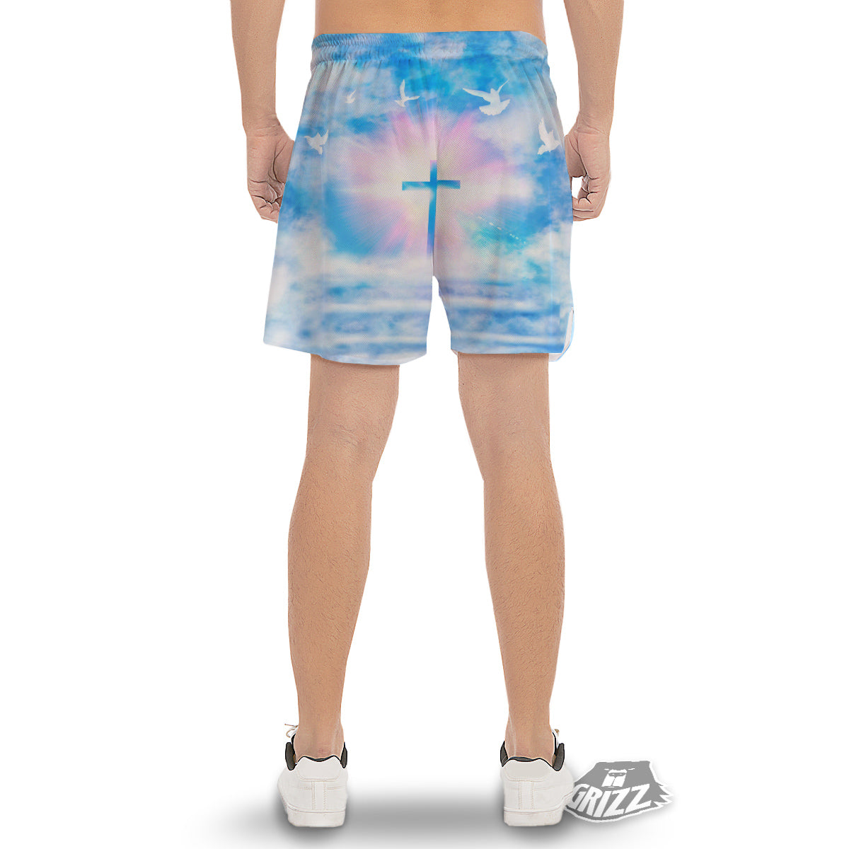 White Doves And Christian Cross Print Men's Gym Shorts-grizzshop