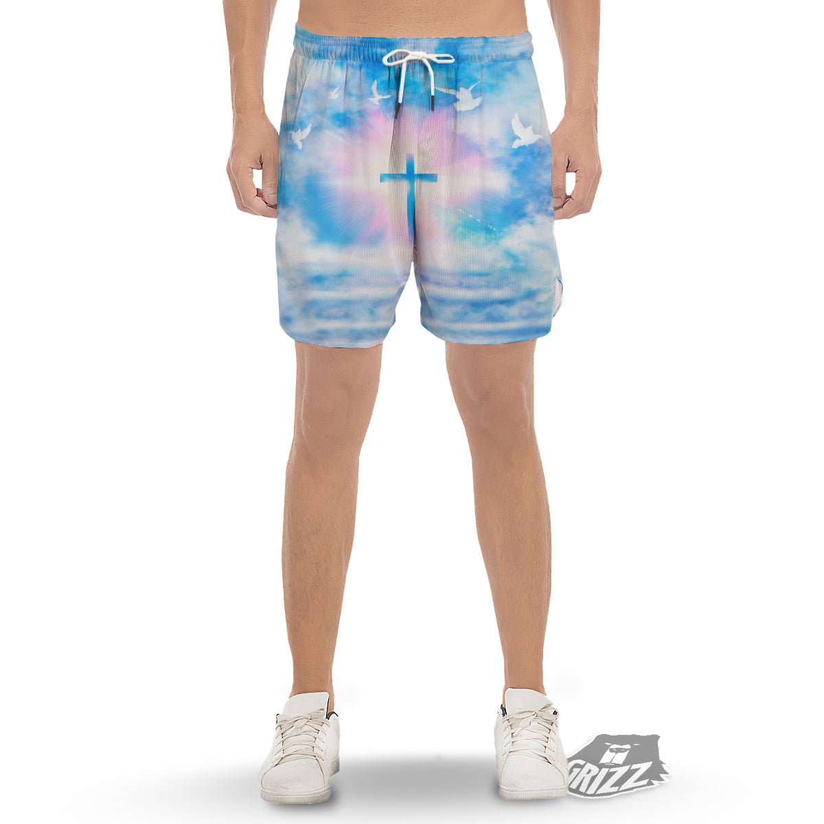 White Doves And Christian Cross Print Men's Gym Shorts-grizzshop