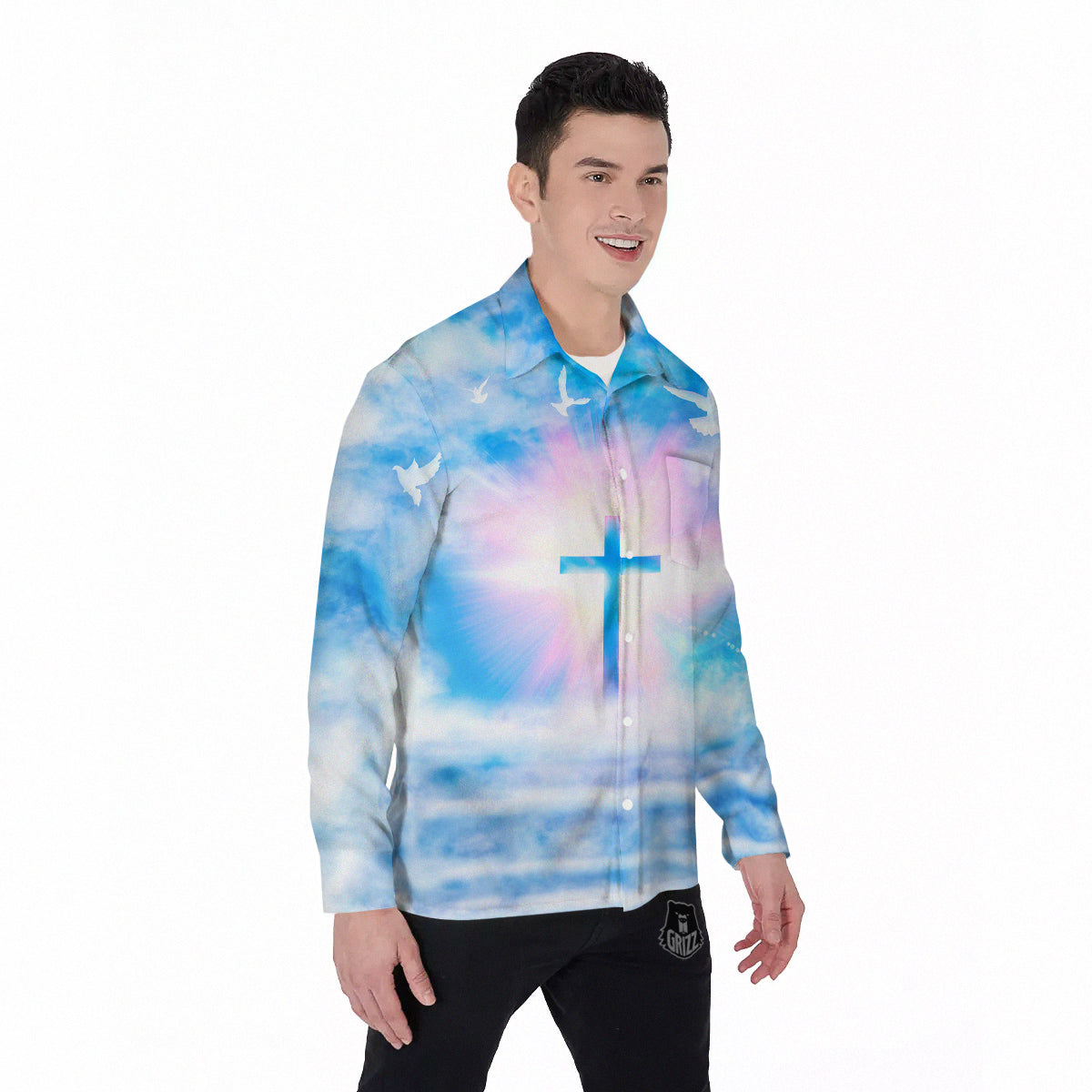 White Doves And Christian Cross Print Men's Long Sleeve Shirts-grizzshop
