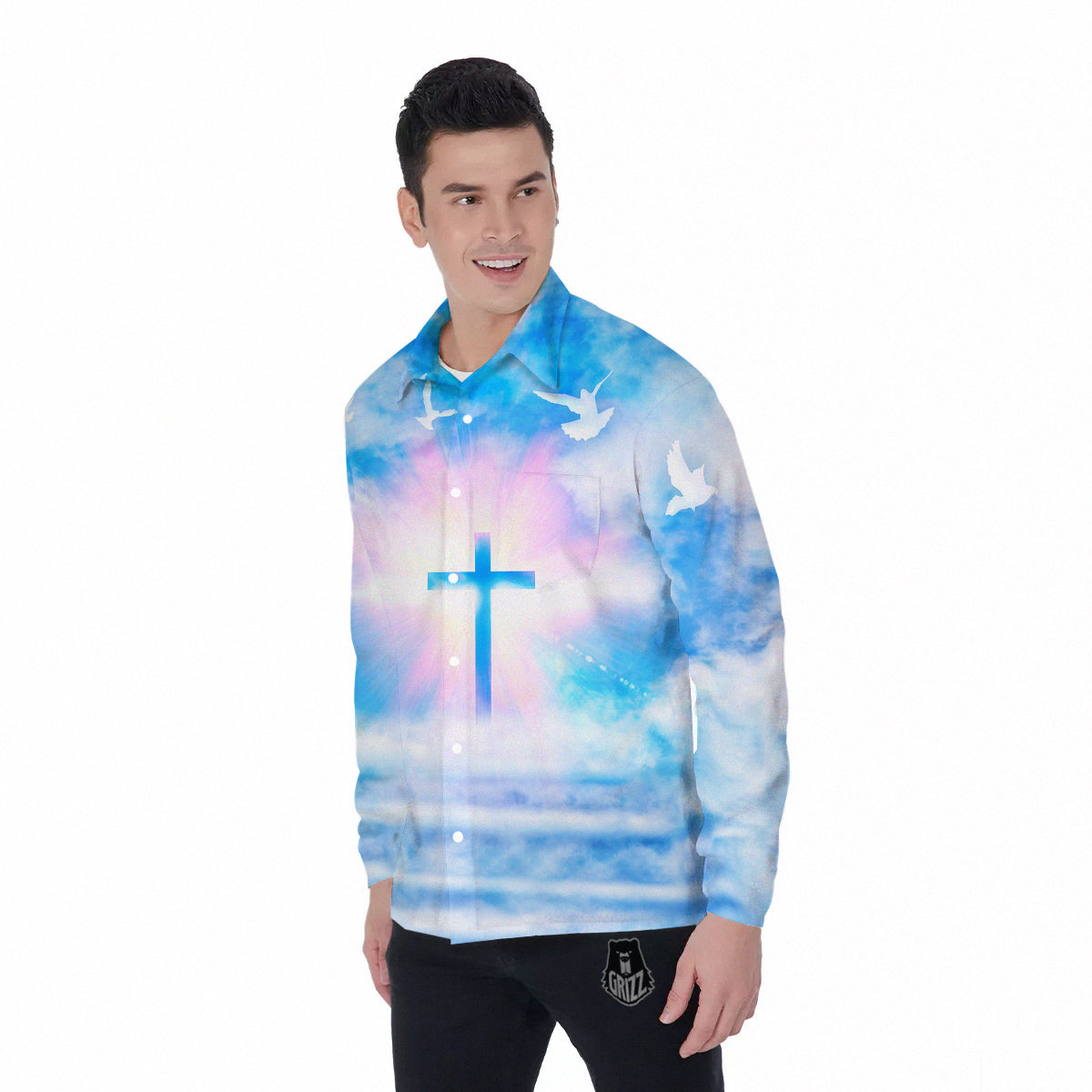 White Doves And Christian Cross Print Men's Long Sleeve Shirts-grizzshop