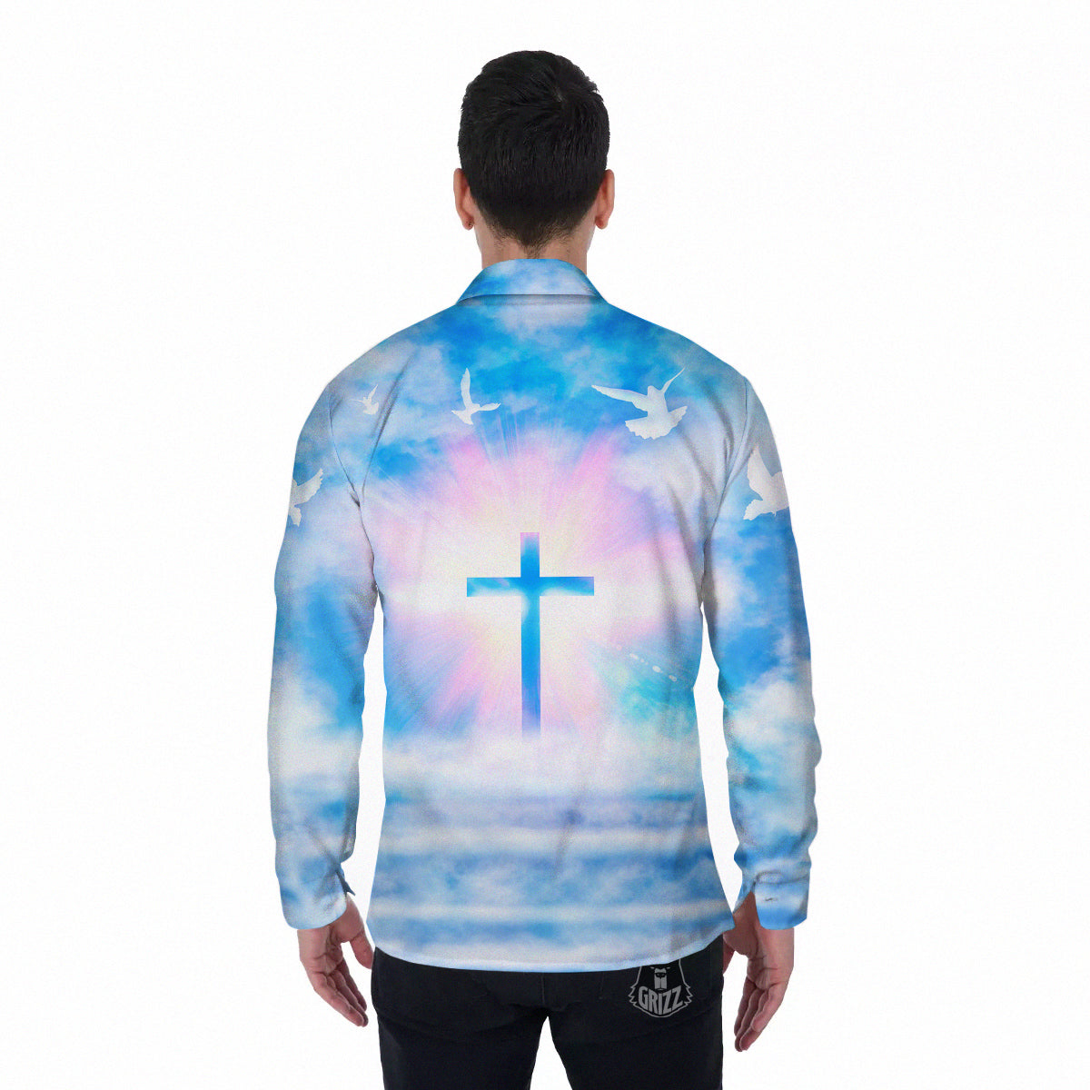 White Doves And Christian Cross Print Men's Long Sleeve Shirts-grizzshop