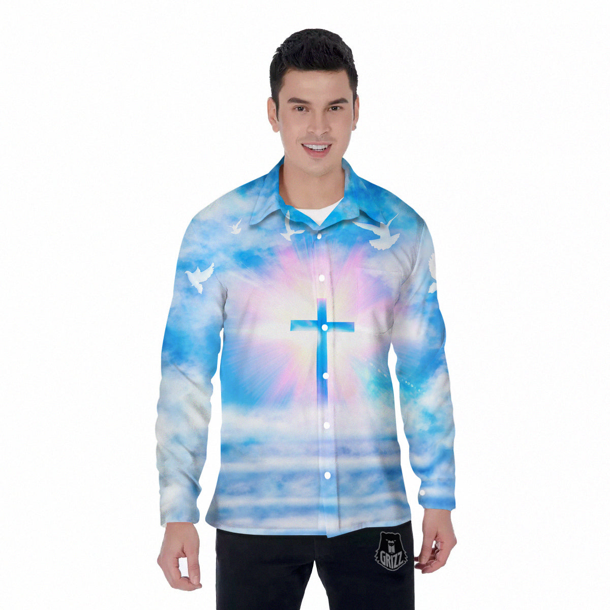 White Doves And Christian Cross Print Men's Long Sleeve Shirts-grizzshop