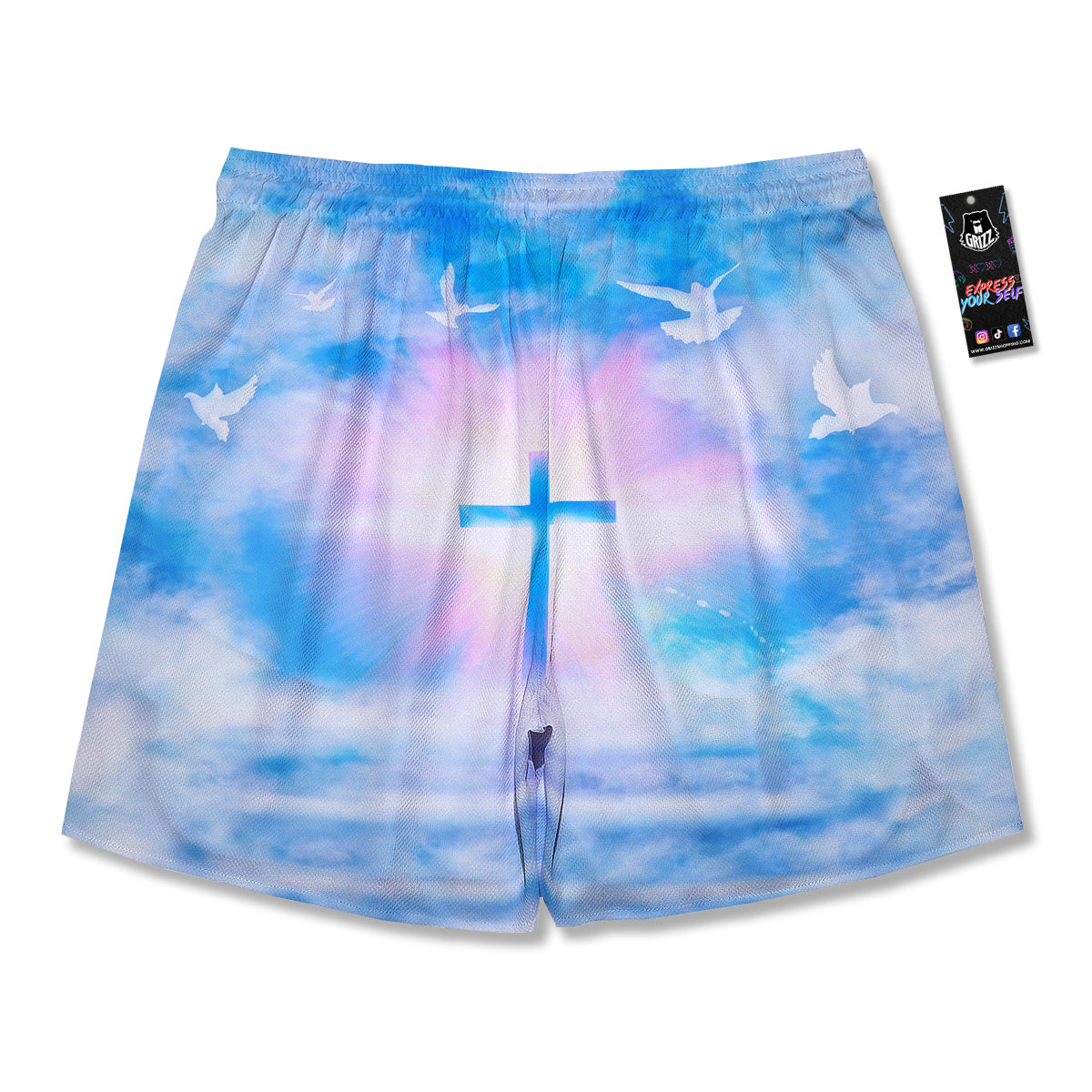 White Doves And Christian Cross Print Men's Running Shorts-grizzshop