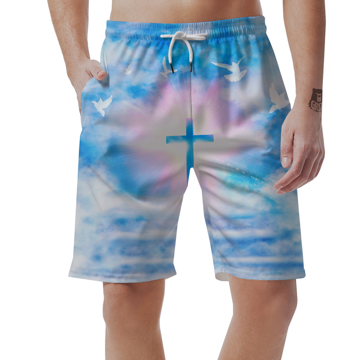 White Doves And Christian Cross Print Men's Shorts-grizzshop