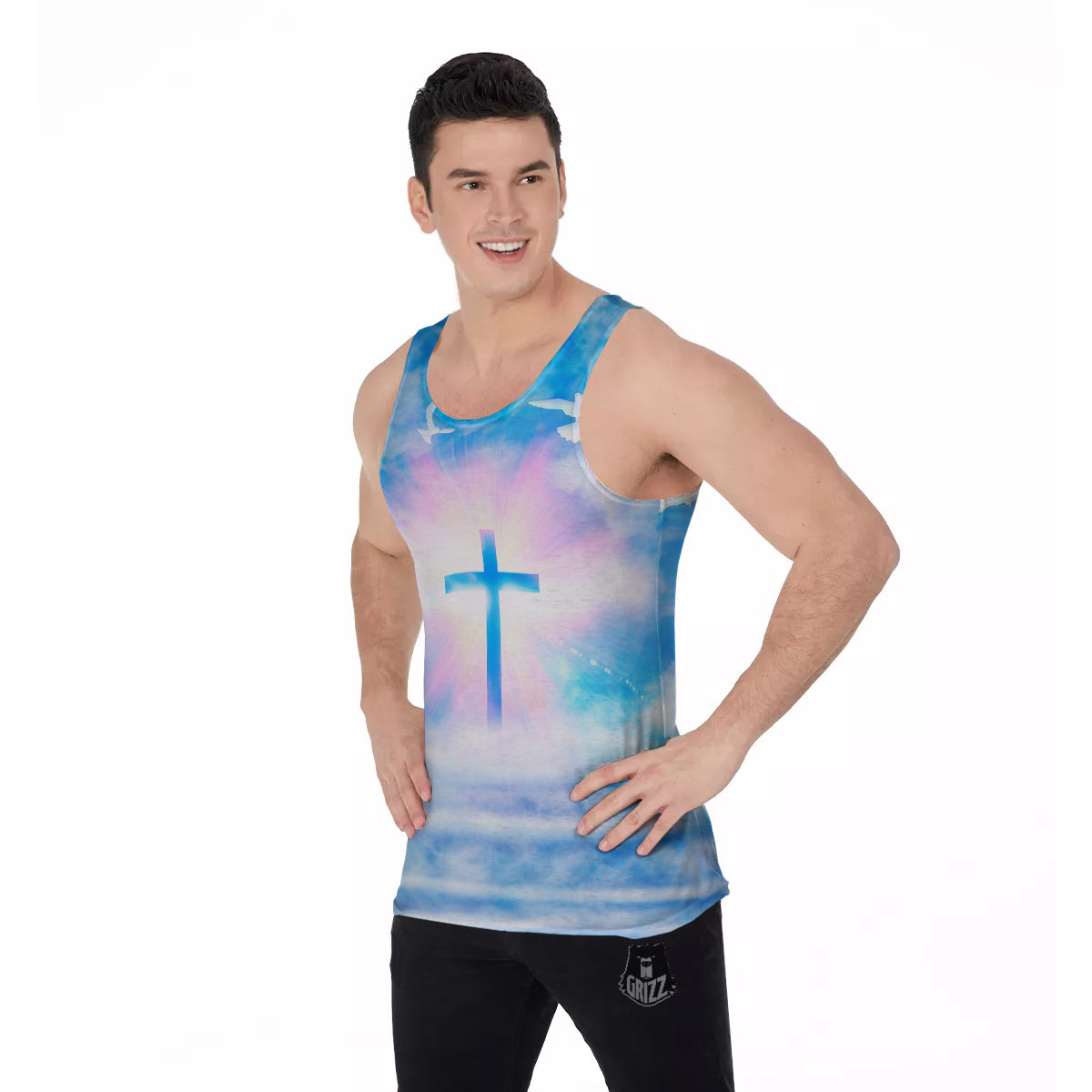 White Doves And Christian Cross Print Men's Tank Top-grizzshop