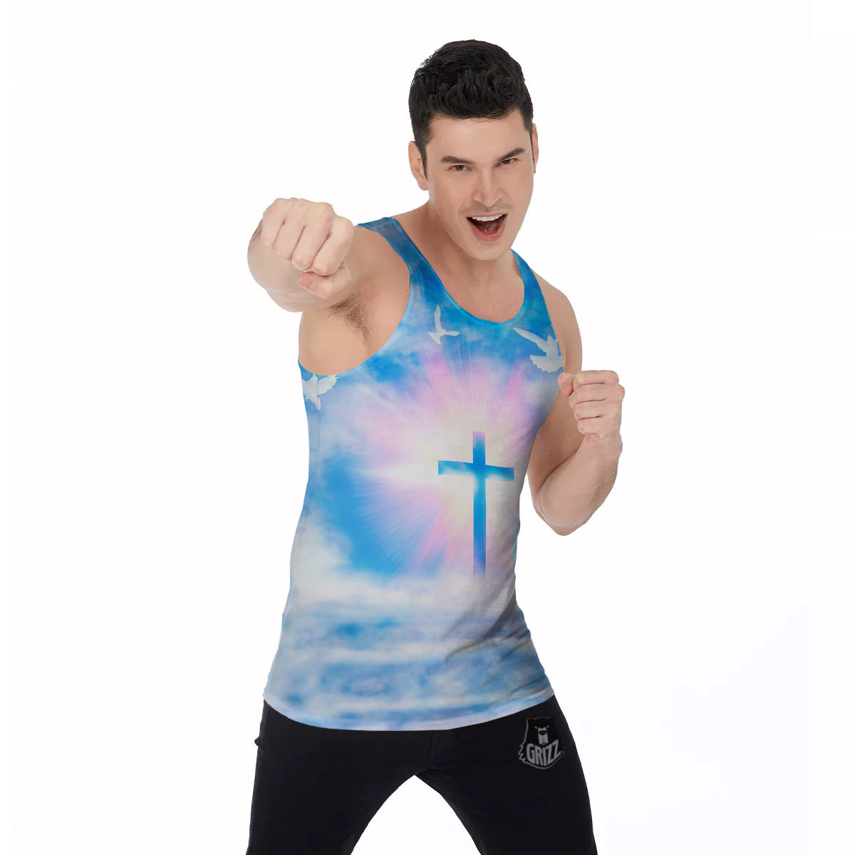 White Doves And Christian Cross Print Men's Tank Top-grizzshop