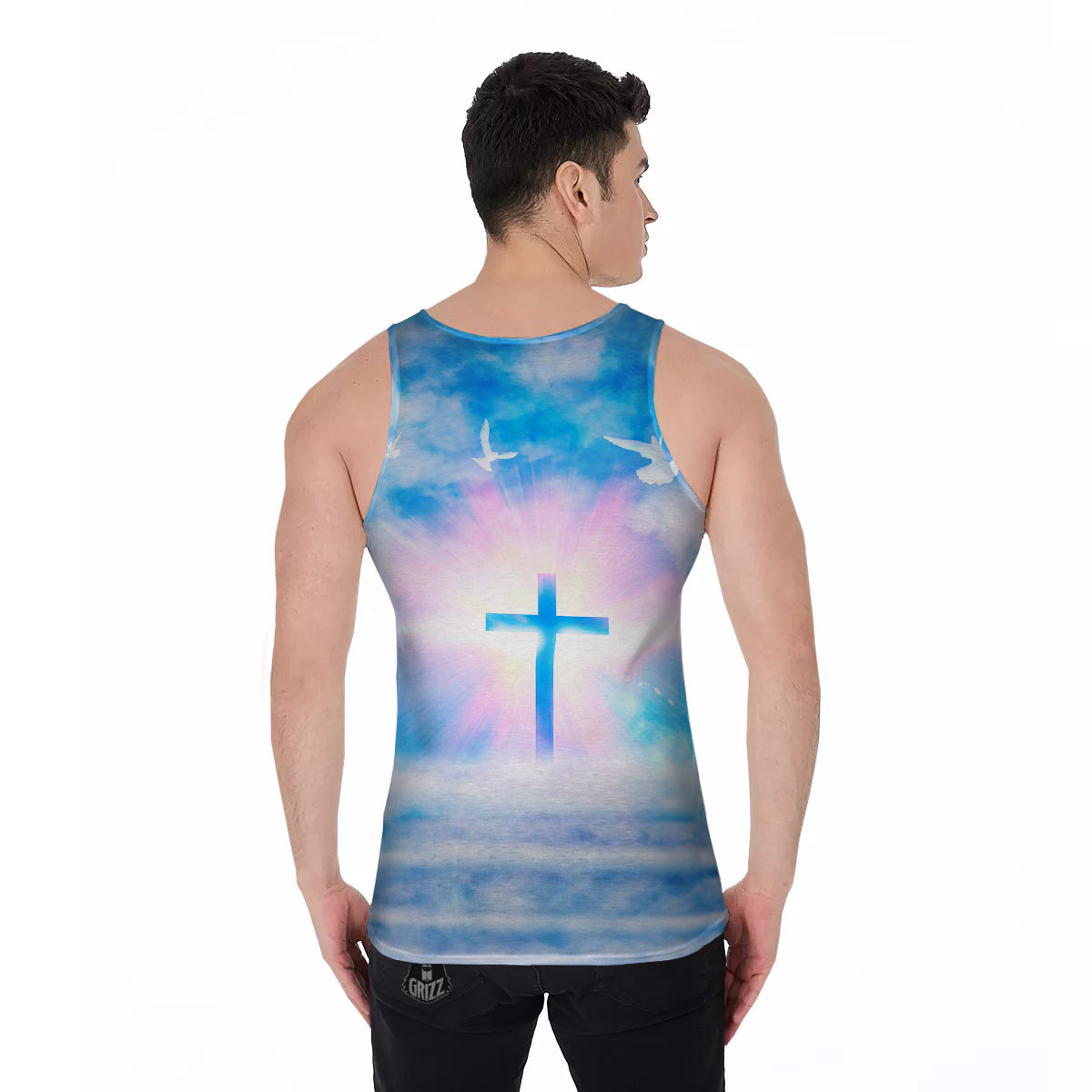 White Doves And Christian Cross Print Men's Tank Top-grizzshop