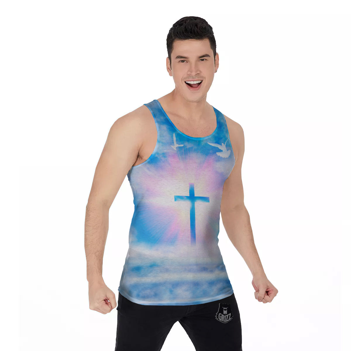 White Doves And Christian Cross Print Men's Tank Top-grizzshop