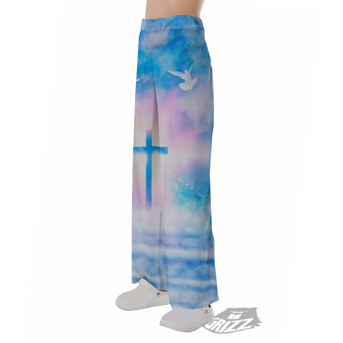 White Doves And Christian Cross Print Pajama Pants-grizzshop