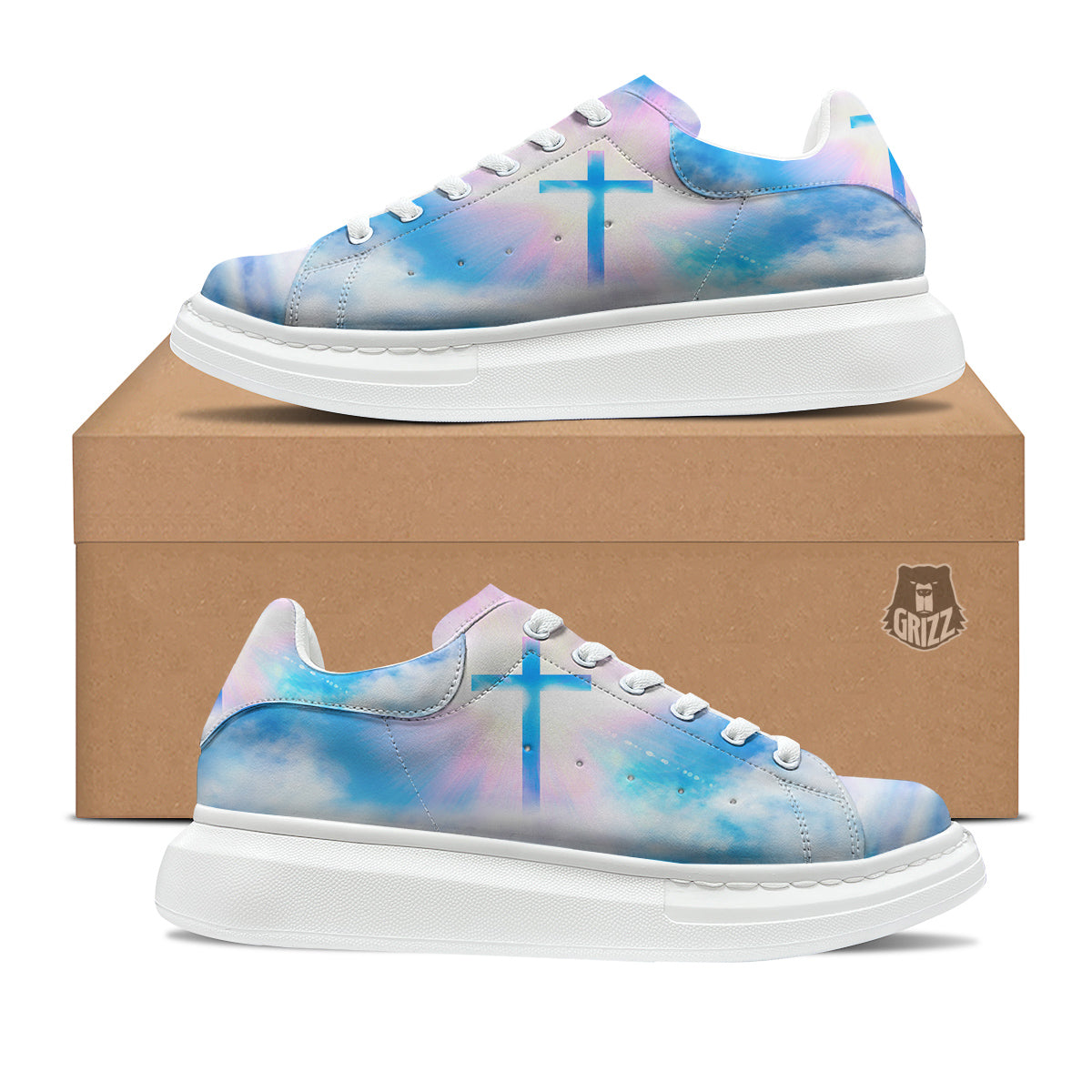 White Doves And Christian Cross Print Platform Shoes-grizzshop