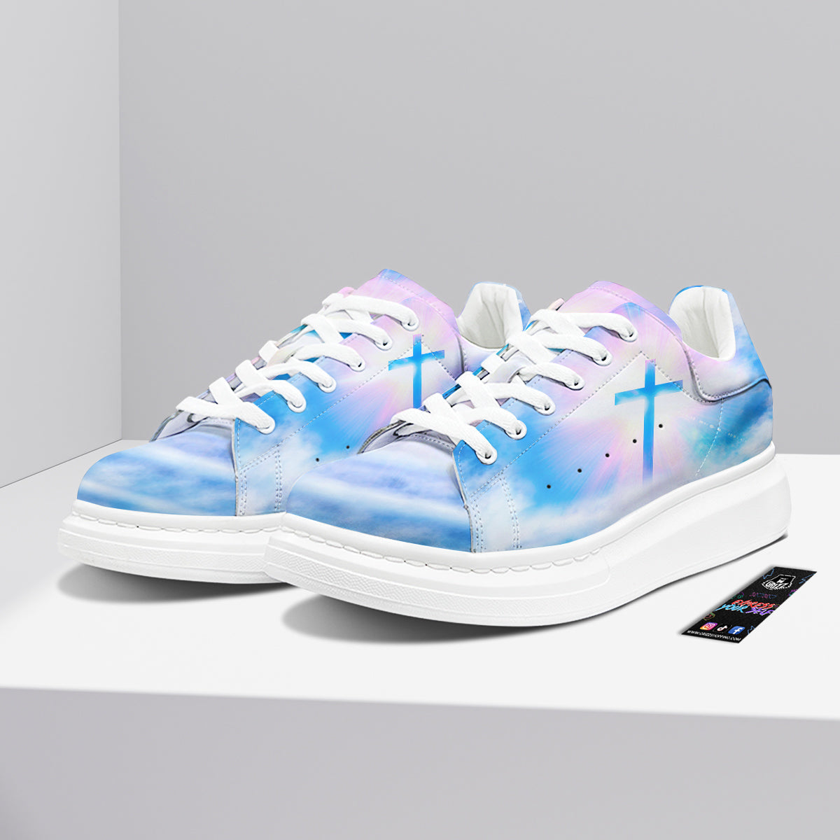 White Doves And Christian Cross Print Platform Shoes-grizzshop