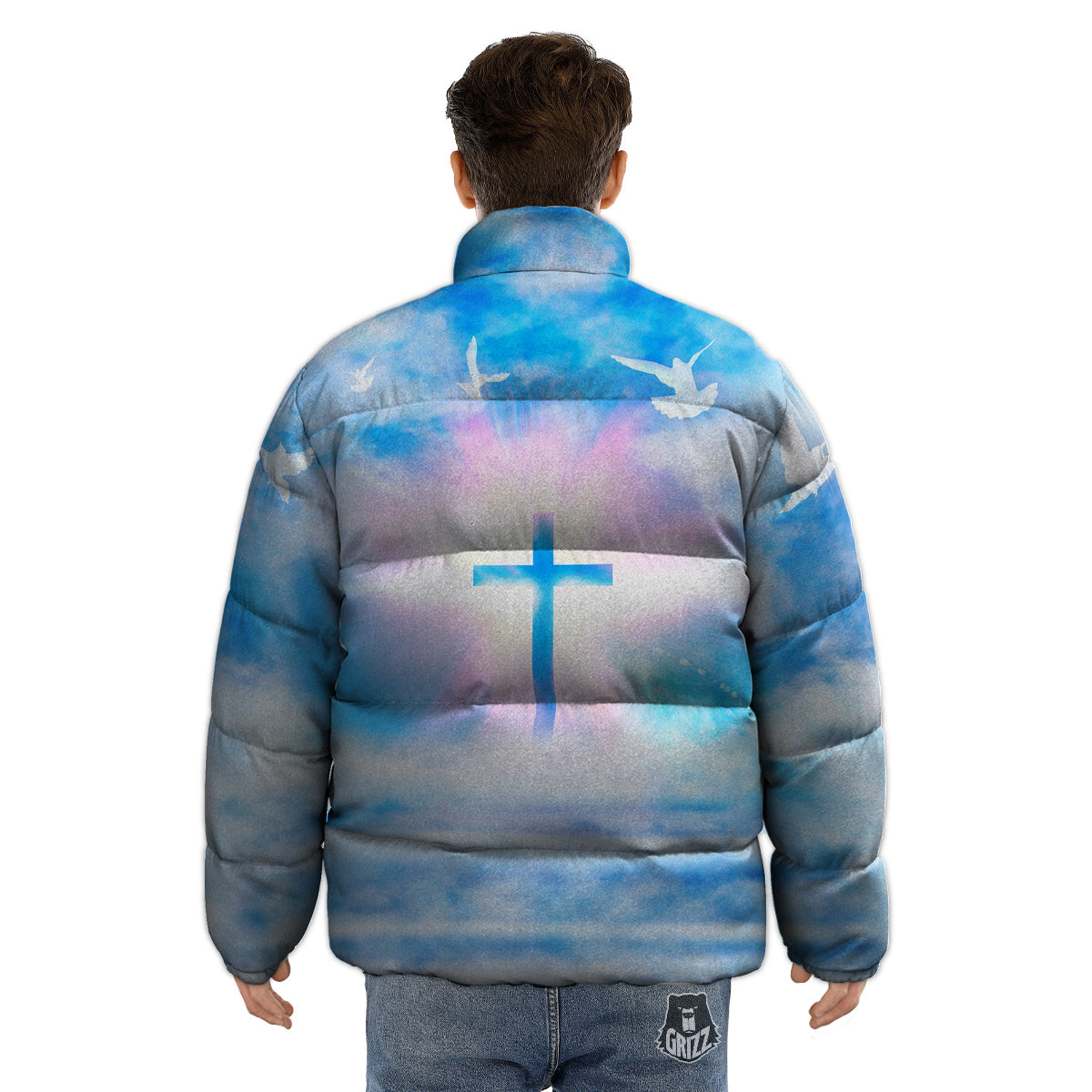 White Doves And Christian Cross Print Puffer Jacket-grizzshop