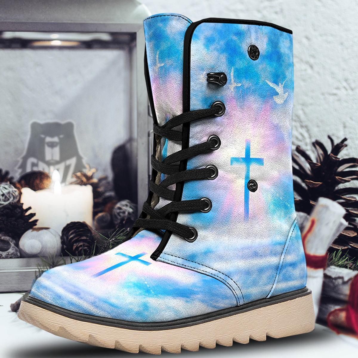 White Doves And Christian Cross Print Snow Boots-grizzshop
